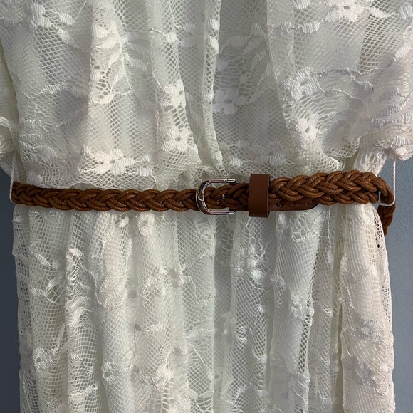 Cream lace midi dress with original faux brown leather belt attached. - Picture 2 of 5